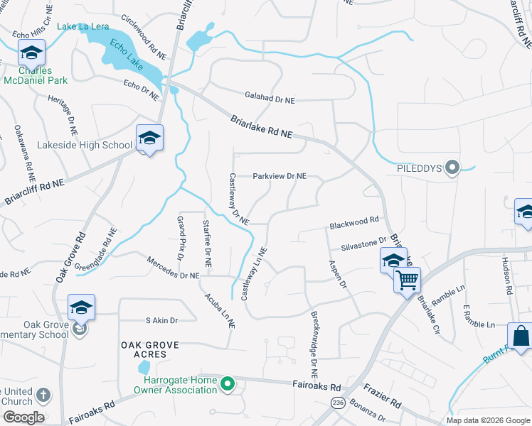 map of restaurants, bars, coffee shops, grocery stores, and more near 2016 Castleway Lane Northeast in Atlanta