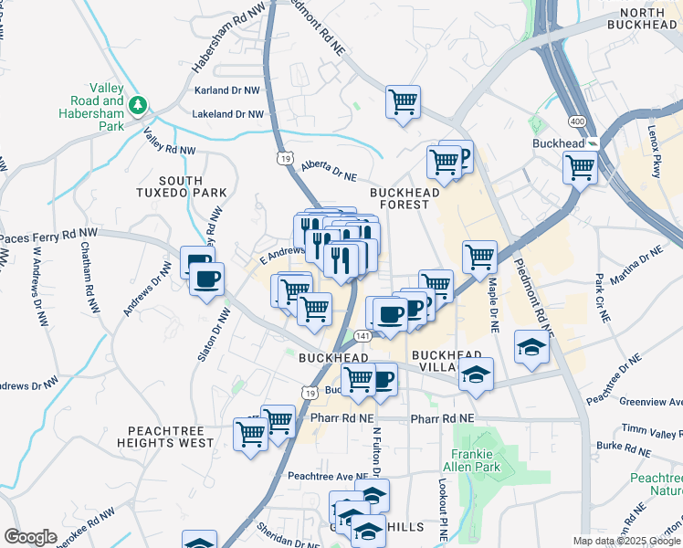 map of restaurants, bars, coffee shops, grocery stores, and more near 3230 Roswell Road Northeast in Atlanta