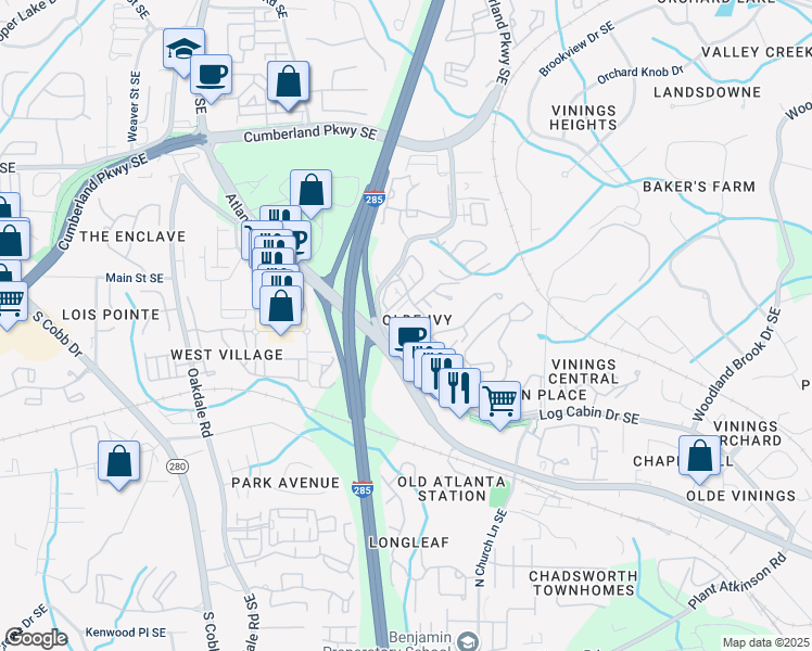 map of restaurants, bars, coffee shops, grocery stores, and more near 4738 Ivy Ridge Drive Southeast in Atlanta