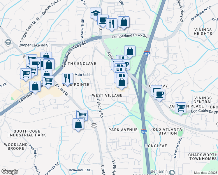 map of restaurants, bars, coffee shops, grocery stores, and more near 2139 West Village Crossing in Smyrna