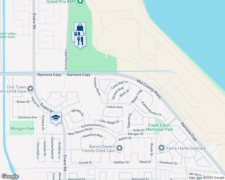 map of restaurants, bars, coffee shops, grocery stores, and more near 3905 Cane Bay Lane in Perris
