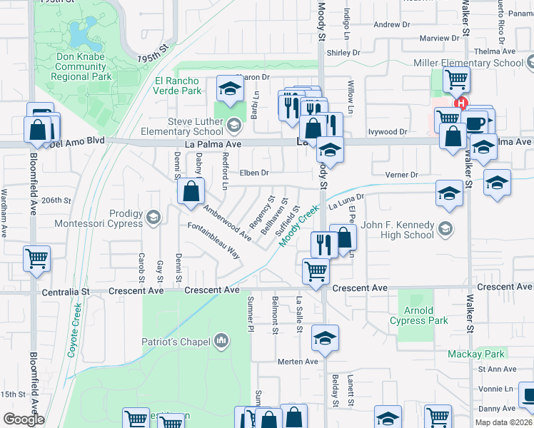 map of restaurants, bars, coffee shops, grocery stores, and more near 8212 Regency Street in La Palma