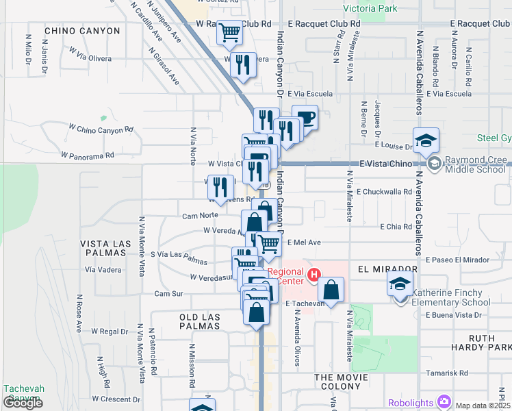 map of restaurants, bars, coffee shops, grocery stores, and more near 1521-1501 North Palm Canyon Drive in Palm Springs