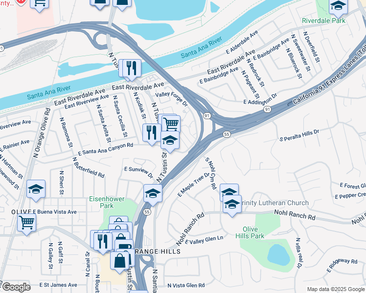 map of restaurants, bars, coffee shops, grocery stores, and more near 3999 East Santa Ana Canyon Road in Anaheim