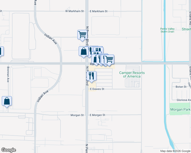 map of restaurants, bars, coffee shops, grocery stores, and more near 80 East Dawes Street in Perris