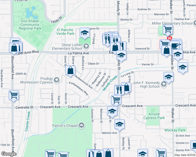 map of restaurants, bars, coffee shops, grocery stores, and more near 8212 Regency Street in La Palma