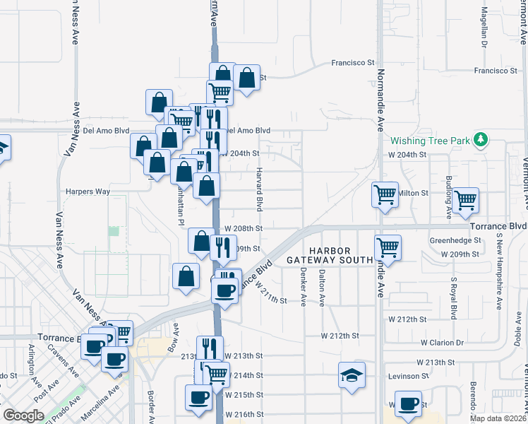 map of restaurants, bars, coffee shops, grocery stores, and more near 1575 West 207th Street in Torrance