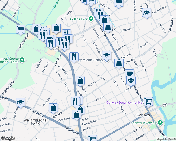 map of restaurants, bars, coffee shops, grocery stores, and more near 1020 Pine Street in Conway