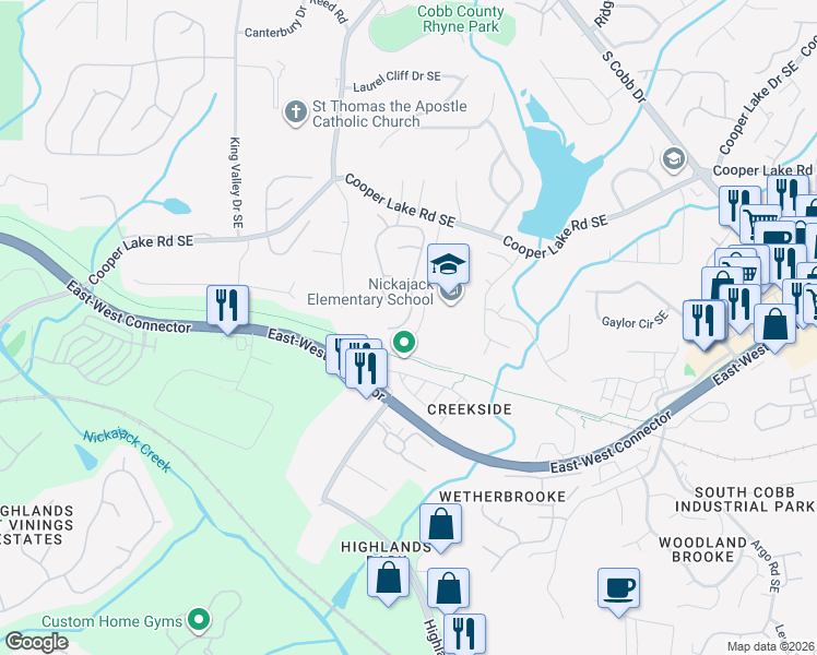 map of restaurants, bars, coffee shops, grocery stores, and more near 2112 Berryhill Circle Southeast in Smyrna