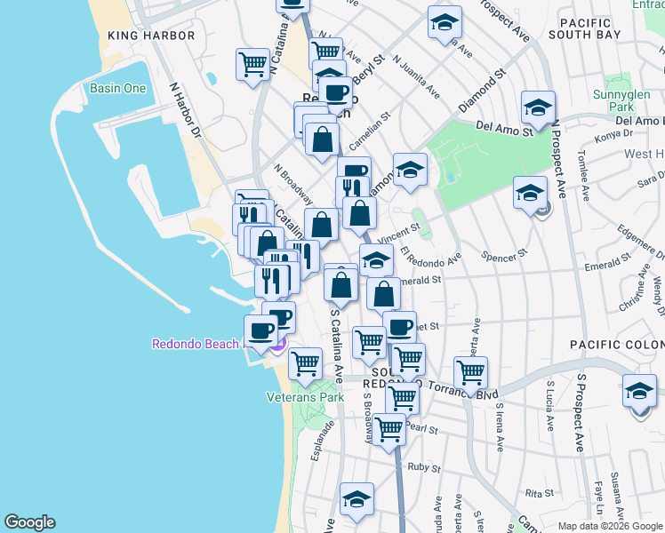 map of restaurants, bars, coffee shops, grocery stores, and more near 124 North Catalina Avenue in Redondo Beach