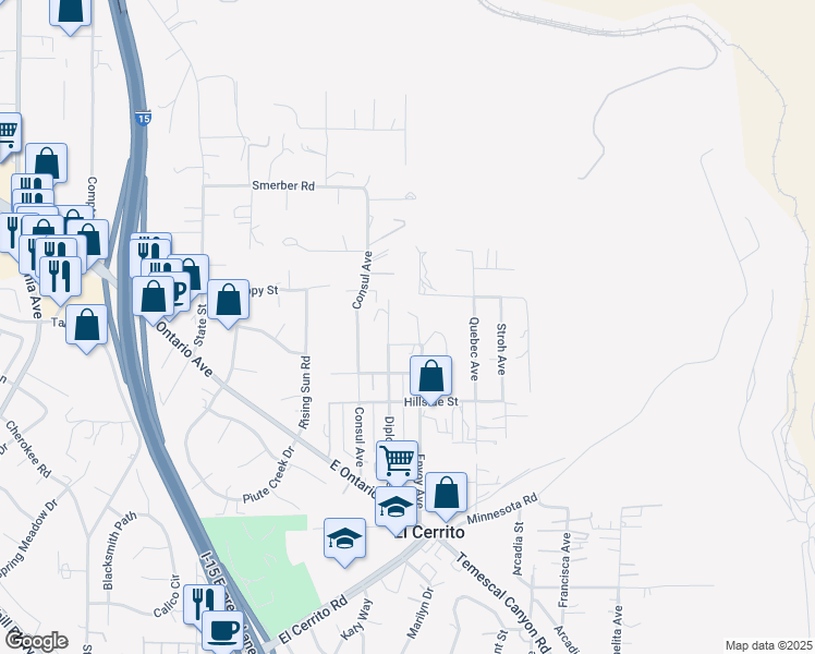 map of restaurants, bars, coffee shops, grocery stores, and more near 19065 Envoy Avenue in Corona