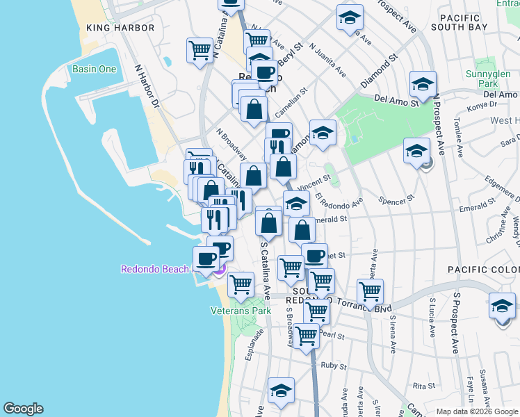 map of restaurants, bars, coffee shops, grocery stores, and more near 124 North Catalina Avenue in Redondo Beach