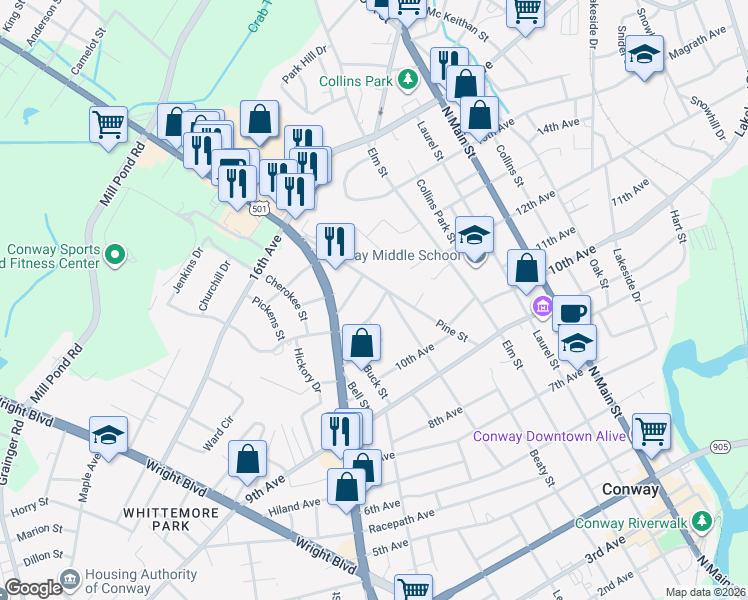 map of restaurants, bars, coffee shops, grocery stores, and more near 1304 Forest View Road in Conway