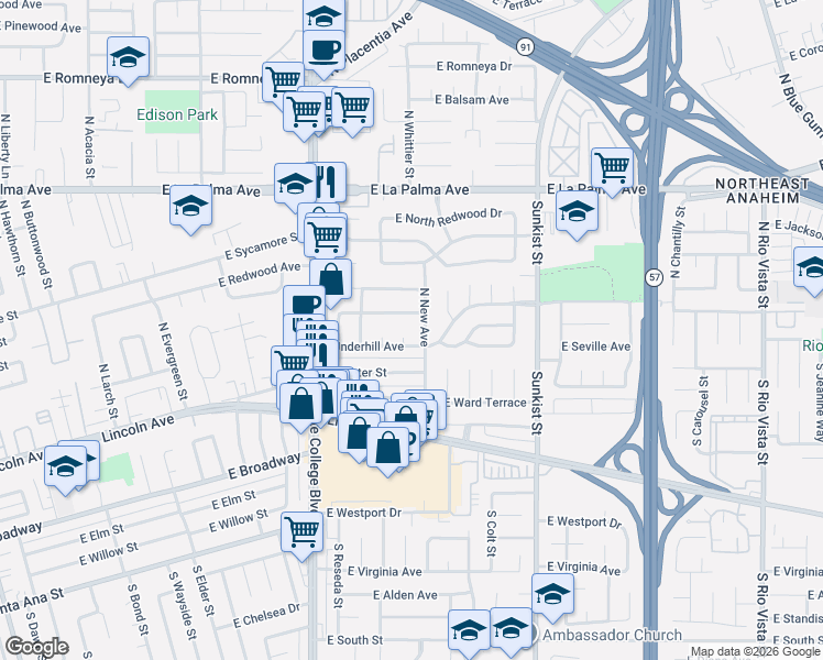 map of restaurants, bars, coffee shops, grocery stores, and more near 2234 East Blanchard Avenue in Anaheim
