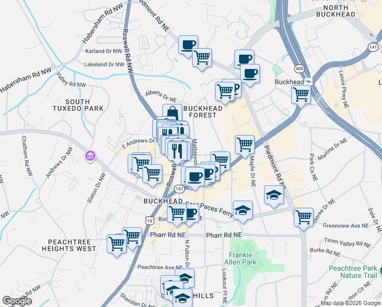 map of restaurants, bars, coffee shops, grocery stores, and more near 3227 Roswell Road Northeast in Atlanta