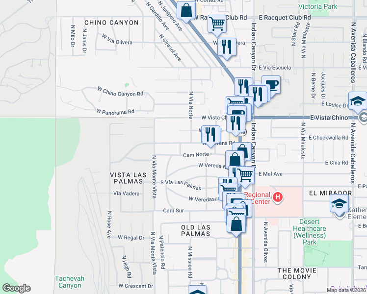 map of restaurants, bars, coffee shops, grocery stores, and more near 475 West Stevens Road in Palm Springs