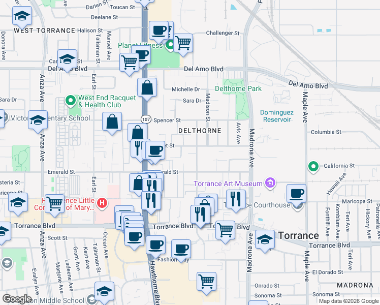 map of restaurants, bars, coffee shops, grocery stores, and more near 20615 Amie Avenue in Torrance