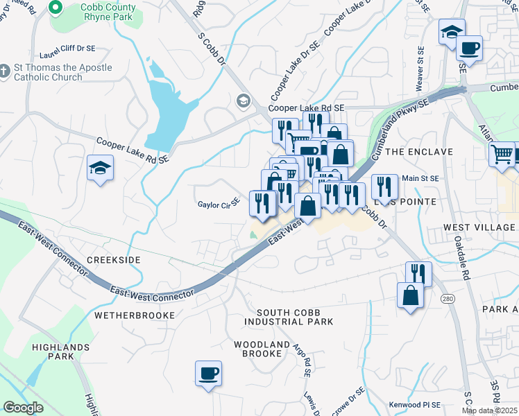 map of restaurants, bars, coffee shops, grocery stores, and more near Gaylor Street in Smyrna