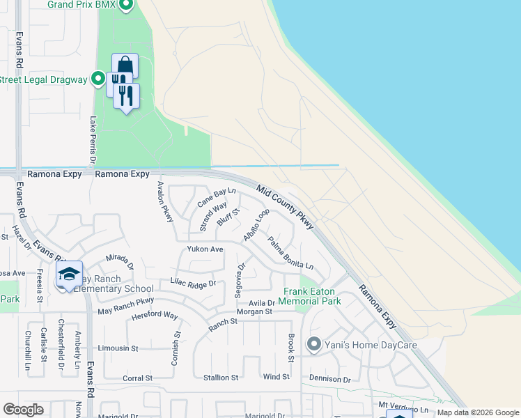 map of restaurants, bars, coffee shops, grocery stores, and more near 1402 Cane Bay Lane in Perris