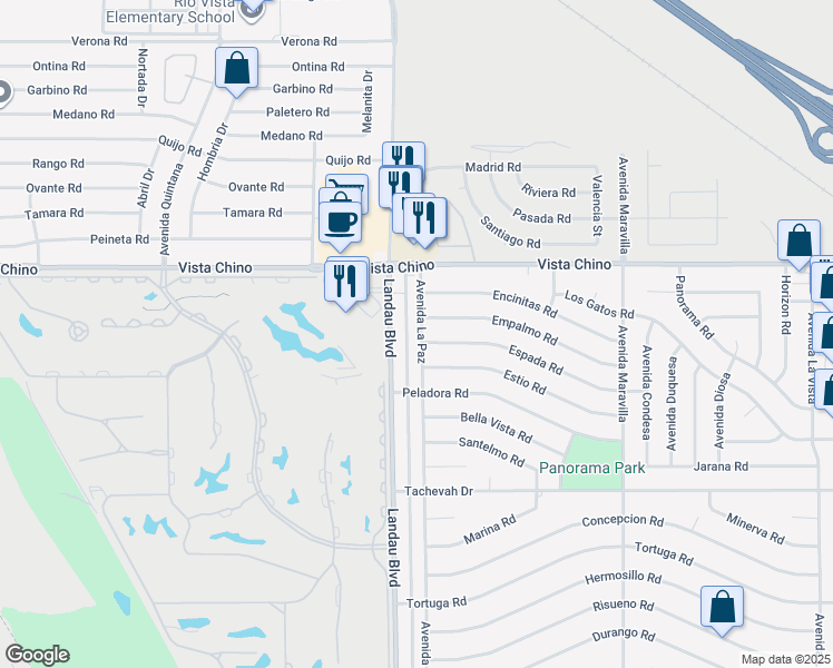 map of restaurants, bars, coffee shops, grocery stores, and more near 28245 Avenida La Paz in Cathedral City