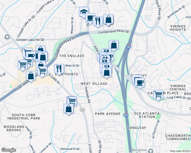 map of restaurants, bars, coffee shops, grocery stores, and more near 2139 West Village Crossing in Smyrna