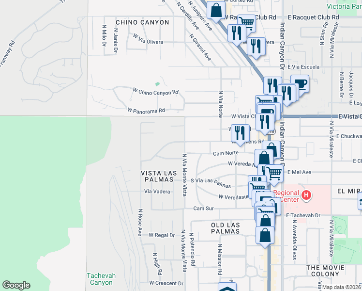 map of restaurants, bars, coffee shops, grocery stores, and more near 601 West Stevens Road in Palm Springs