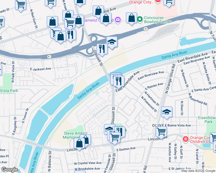 map of restaurants, bars, coffee shops, grocery stores, and more near 101 West Riverdale Avenue in Orange