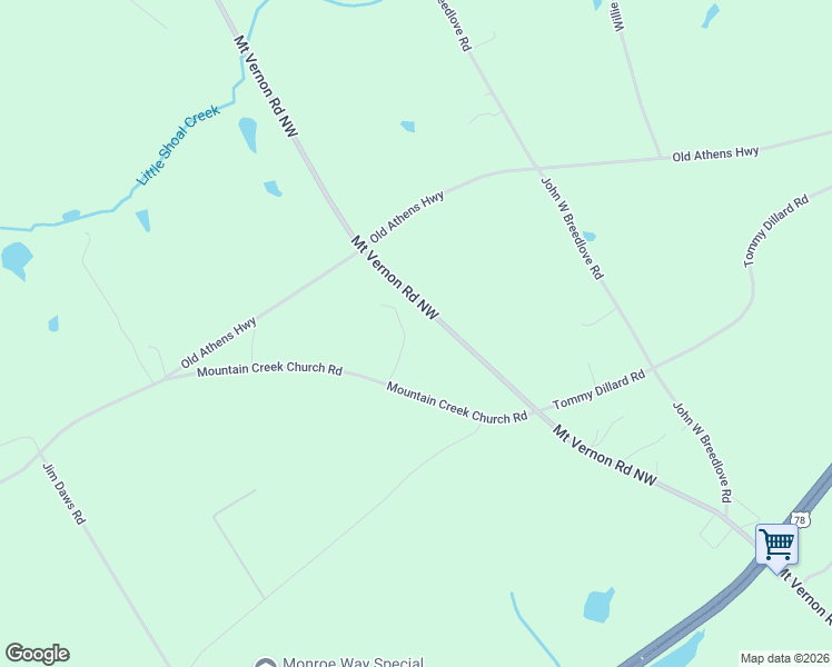 map of restaurants, bars, coffee shops, grocery stores, and more near 2390 Mountain Creek Church Road in Monroe