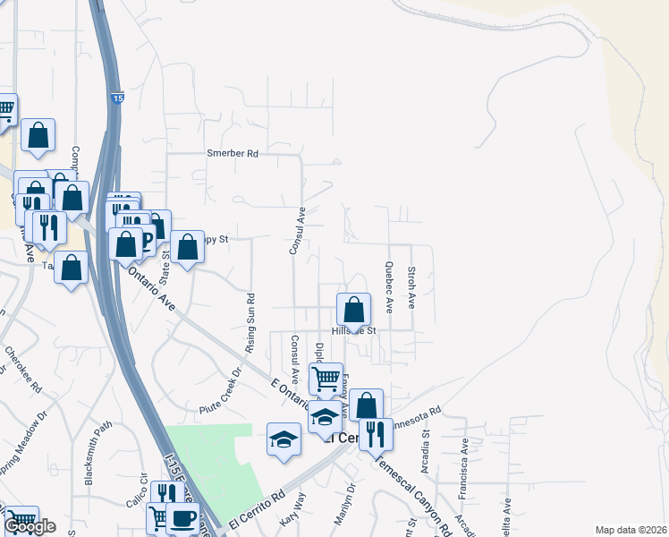map of restaurants, bars, coffee shops, grocery stores, and more near 19065 Envoy Avenue in Corona