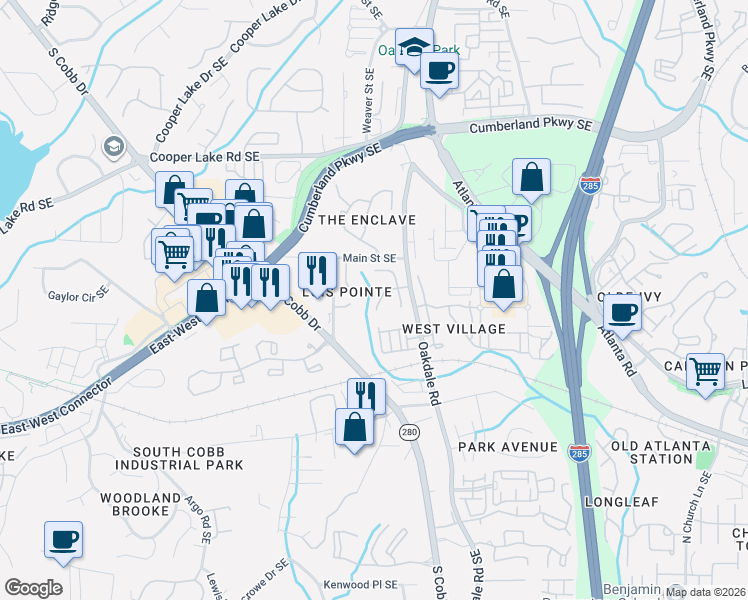 map of restaurants, bars, coffee shops, grocery stores, and more near 2023 Chelton Way Southeast in Smyrna