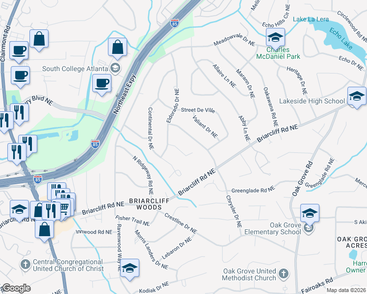 map of restaurants, bars, coffee shops, grocery stores, and more near 2072 Renault Ln NE in Atlanta