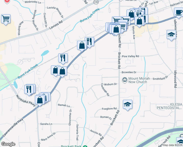 map of restaurants, bars, coffee shops, grocery stores, and more near 2077 Carthage Road in Tucker