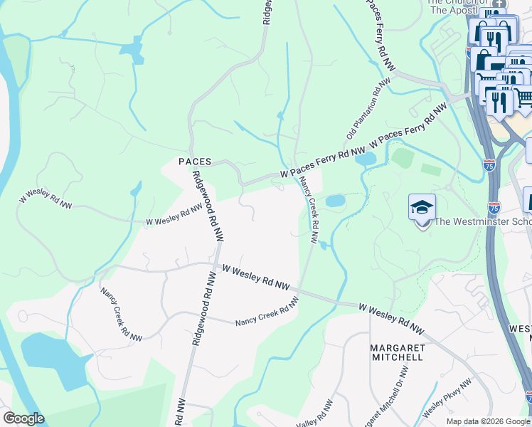 map of restaurants, bars, coffee shops, grocery stores, and more near 3195 Paces Bend Court Northwest in Atlanta