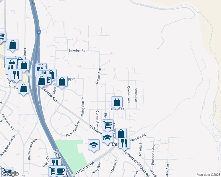 map of restaurants, bars, coffee shops, grocery stores, and more near 19065 Envoy Avenue in Corona