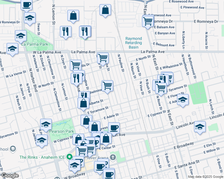map of restaurants, bars, coffee shops, grocery stores, and more near 410 East Wilhelmina Street in Anaheim