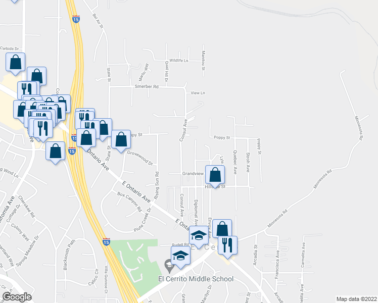 map of restaurants, bars, coffee shops, grocery stores, and more near 19059 Diplomat Avenue in Corona