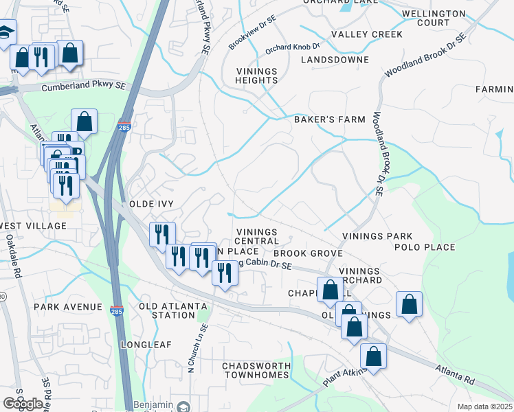 map of restaurants, bars, coffee shops, grocery stores, and more near 147 Paradise Shoals Road in Smyrna