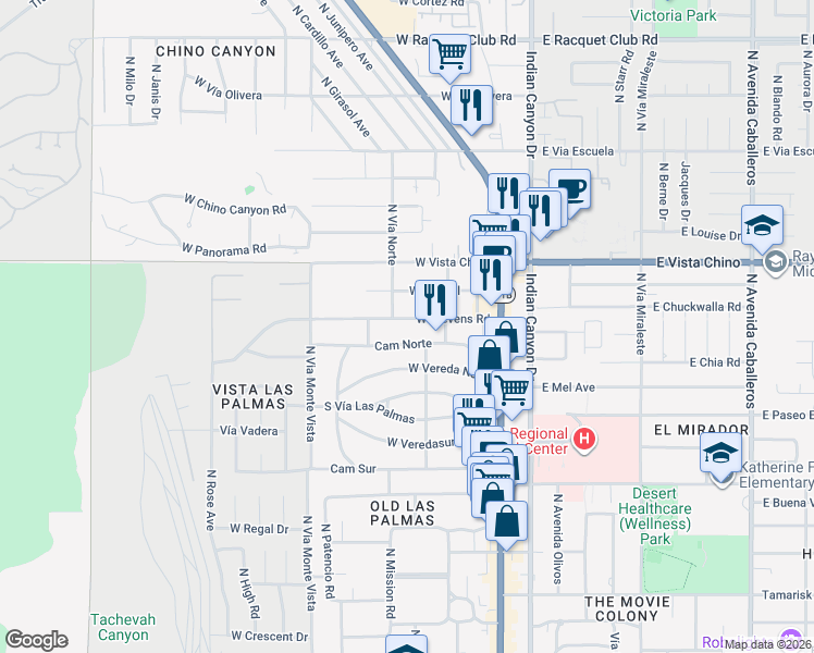 map of restaurants, bars, coffee shops, grocery stores, and more near 371 West Stevens Road in Palm Springs