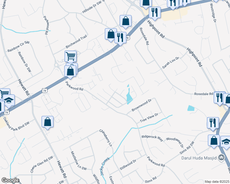 map of restaurants, bars, coffee shops, grocery stores, and more near 1977 Park Manor View in Snellville