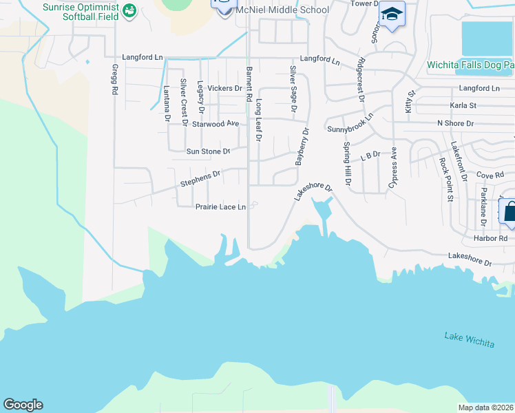 map of restaurants, bars, coffee shops, grocery stores, and more near 5425 Barnett Road in Wichita Falls