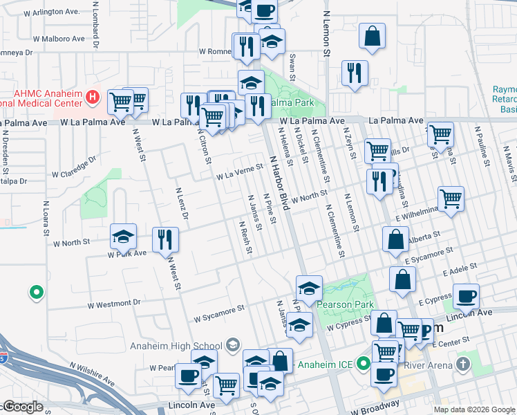 map of restaurants, bars, coffee shops, grocery stores, and more near 800 North Janss Street in Anaheim