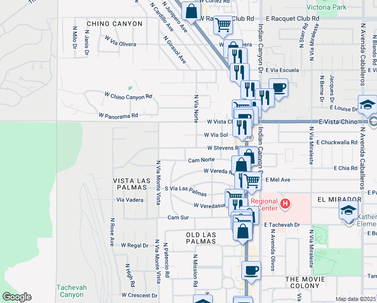 map of restaurants, bars, coffee shops, grocery stores, and more near 475 West Stevens Road in Palm Springs