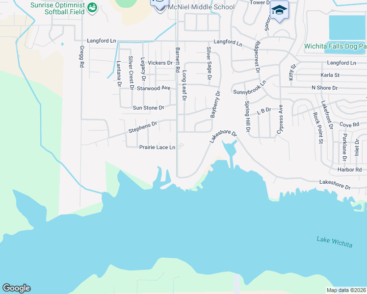 map of restaurants, bars, coffee shops, grocery stores, and more near 5425 Barnett Road in Wichita Falls