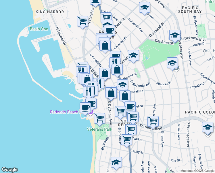 map of restaurants, bars, coffee shops, grocery stores, and more near 132 North Catalina Avenue in Redondo Beach