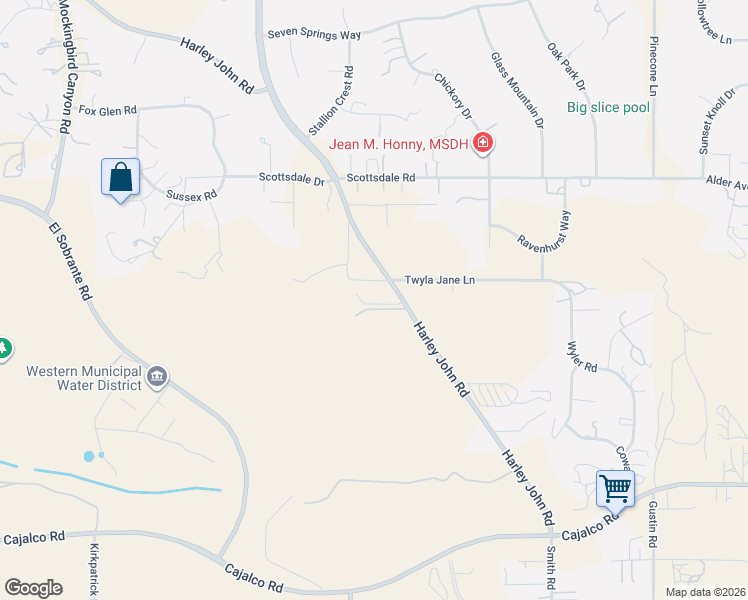 map of restaurants, bars, coffee shops, grocery stores, and more near 19025 Harley John Road in Riverside