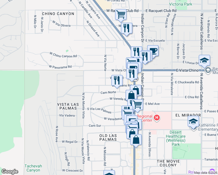 map of restaurants, bars, coffee shops, grocery stores, and more near 371 West Stevens Road in Palm Springs