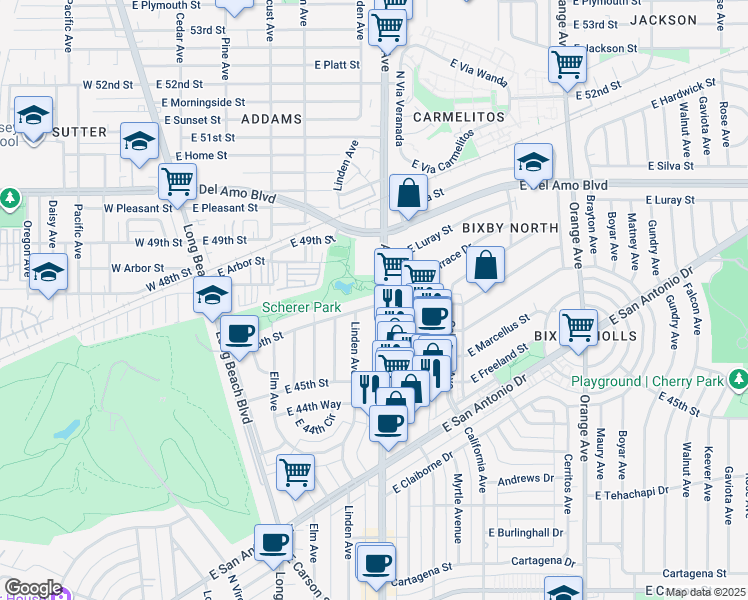 map of restaurants, bars, coffee shops, grocery stores, and more near 4603 Atlantic Avenue in Long Beach
