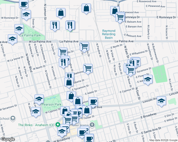 map of restaurants, bars, coffee shops, grocery stores, and more near 410 East Wilhelmina Street in Anaheim