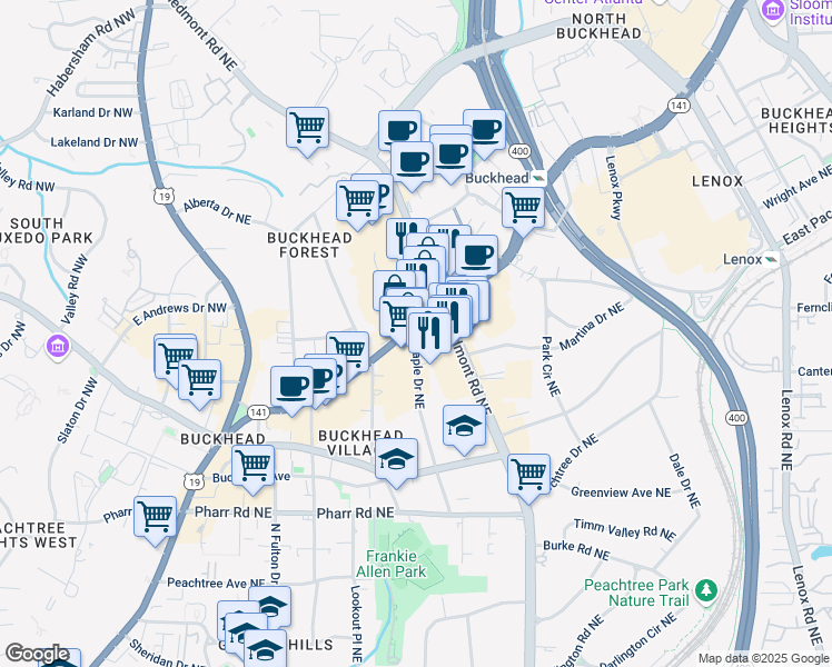 map of restaurants, bars, coffee shops, grocery stores, and more near 3907 Maple Drive Northeast in Atlanta