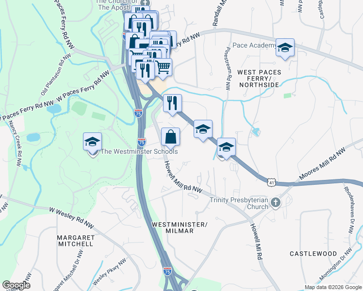 map of restaurants, bars, coffee shops, grocery stores, and more near 3280 Northside Parkway Northwest in Atlanta